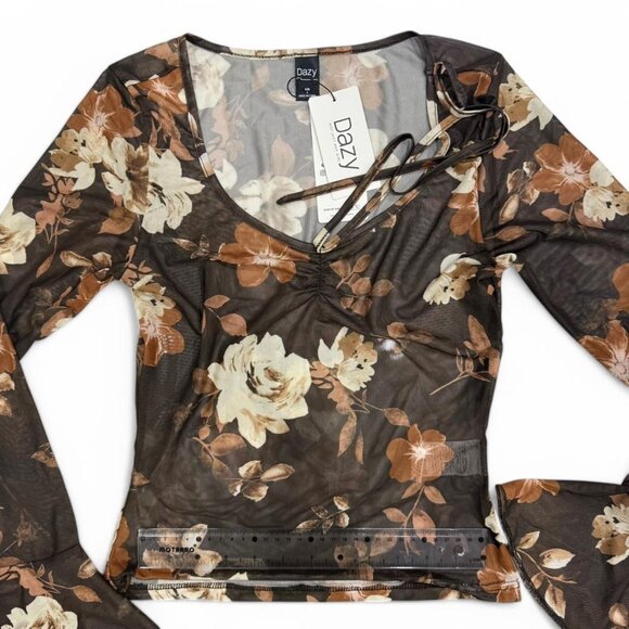 Brown And Cream Floral Print mesh top with tie detail & lantern sleeves size L - Picture 5 of 5